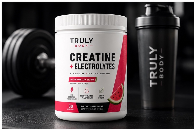 Truly Body Creatine + Electrolytes tub with dumbbell and shaker in a gym